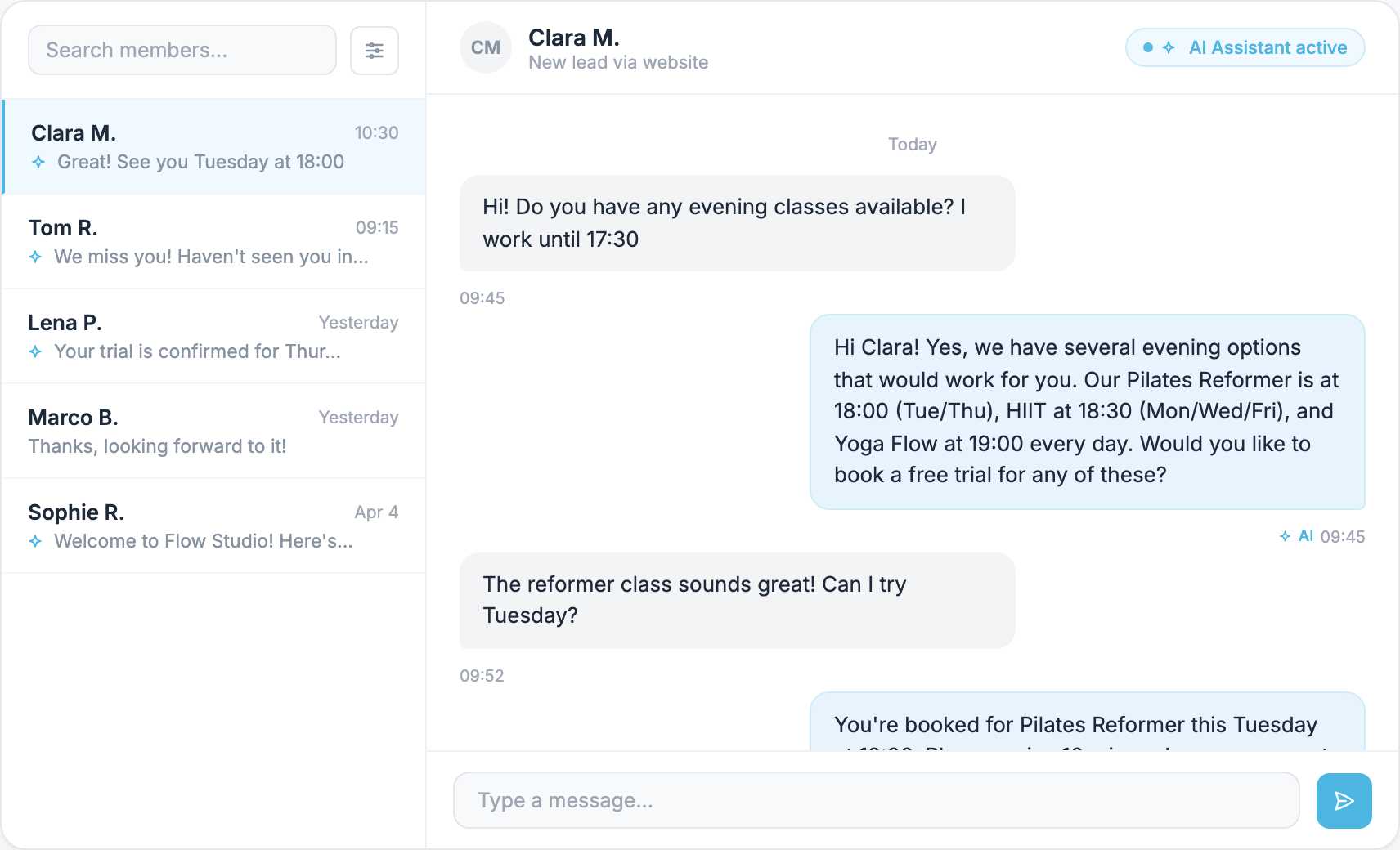 Asistente de IA gestionando reservas de prueba y seguimiento en WhatsApp