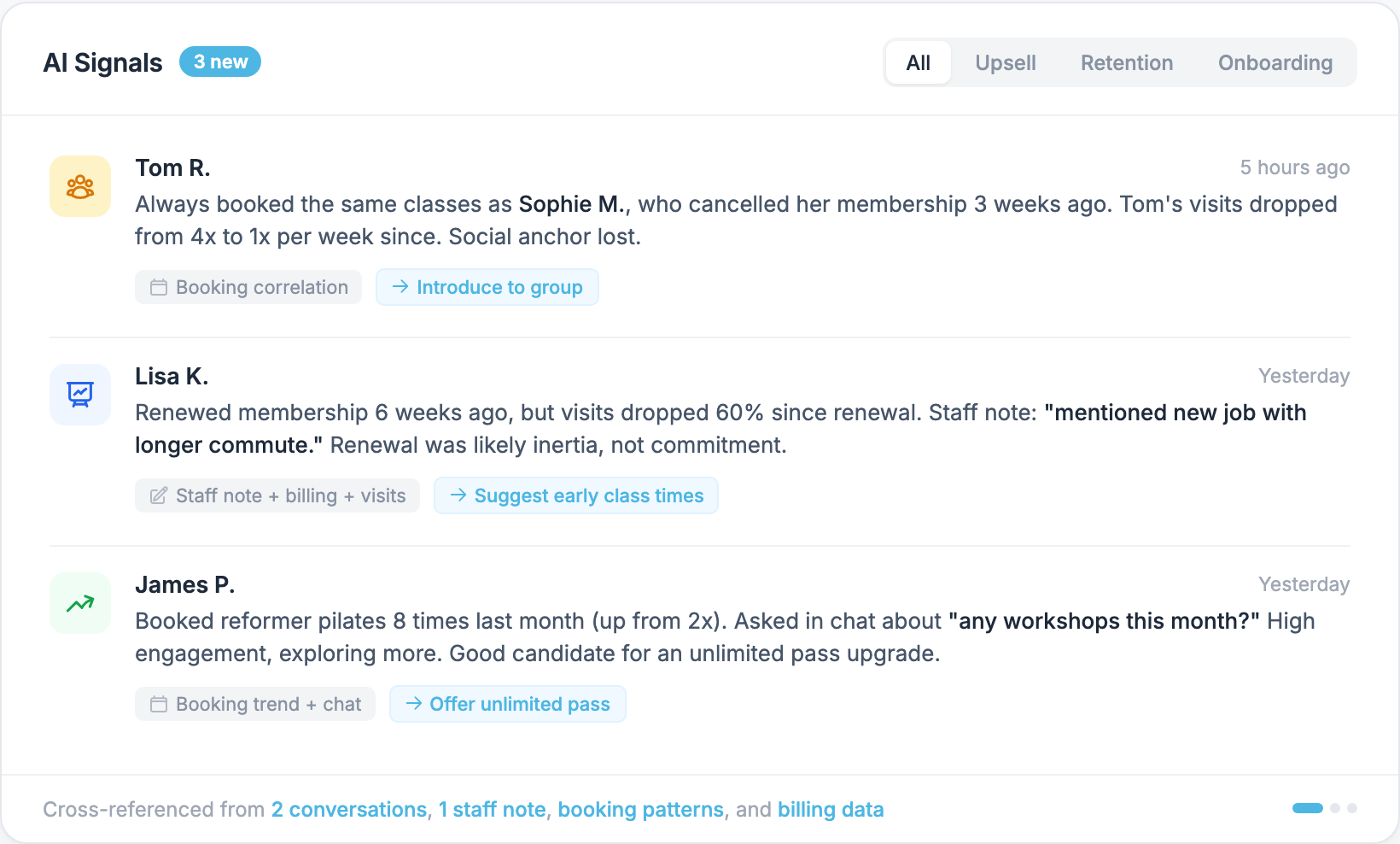 Panel de señales de IA que muestra información extraída de conversaciones, notas del equipo y patrones de reservas